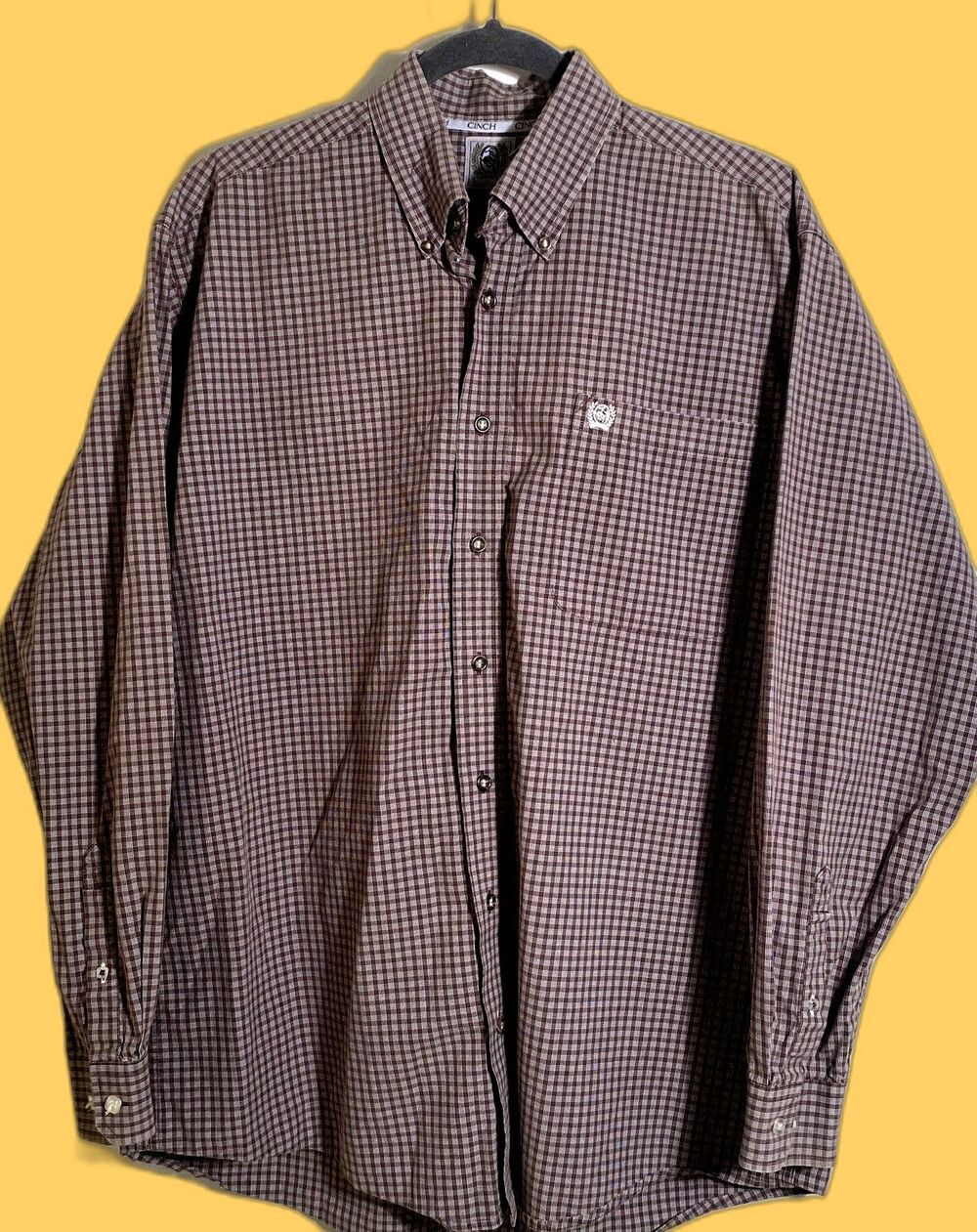 Cinch Men’s Chocolate Brown /White Check Button Down Long Sleeve Medium